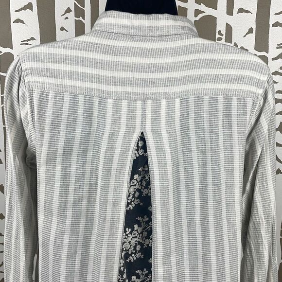 Anthropologie Isabella Sinclair Ivory & Grey Striped Button Down Shirt w Lace Pa - Picture 9 of 14